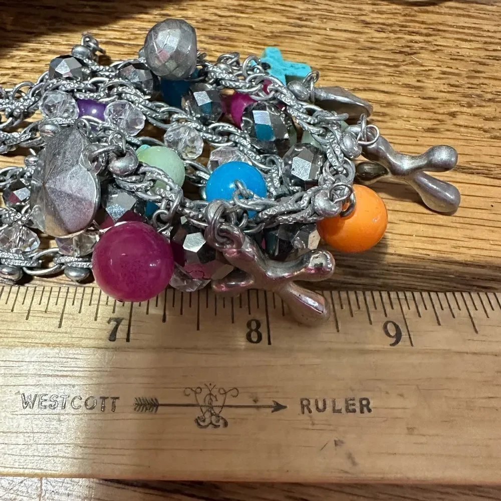 Multi Color Charm Necklace Crosses & Beads + Matching  Cluster Earrings